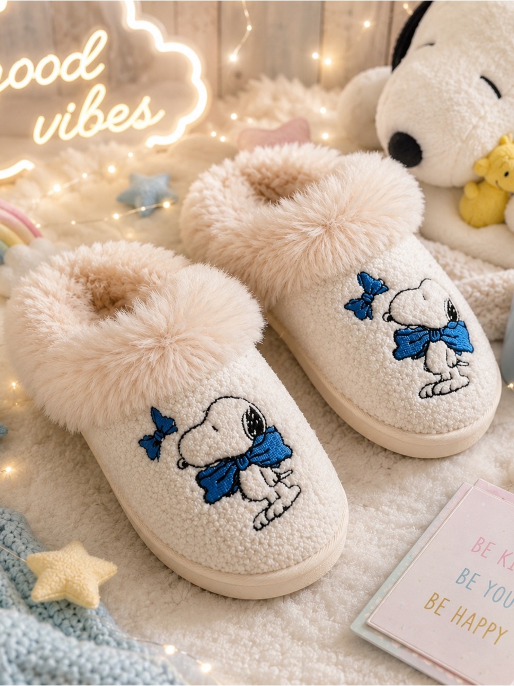 American Eagle Outfitters Cream Plush Snoopy Slippers with Blue Bow Accents